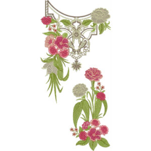 Elegant Ornamental Floral Neckline Embroidery Design with Rose Cluster and Pendant Detail
