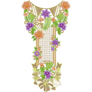 Modern Geometric Floral Neckline Embroidery Design with Tropical Leaves and Decorative Panel