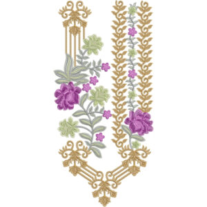 Luxury Ornamental Floral V-Neckline Embroidery Design with Decorative Borders and Purple Roses