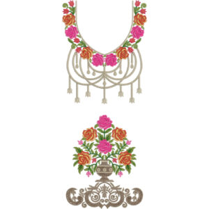 Royal Floral Jewelry Style Neckline Embroidery Design with Rose Garland and Ornamental Vase Motif