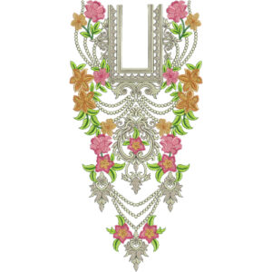 Luxury Ornamental Floral Neckline Embroidery Design with Decorative Chains and Blossom Motifs