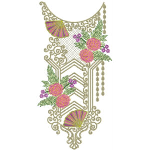 Elegant Geometric Floral Neckline Embroidery Design with Fan Motifs and Hanging Bead Details