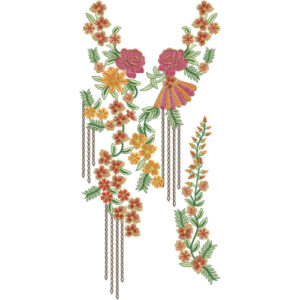 Elegant Multicolor Floral Neckline Embroidery Design with Hanging Chain Tassels and Rose Motifs