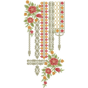 Designer Floral Panel Neckline Embroidery Design with Ornamental Borders and Hanging Details