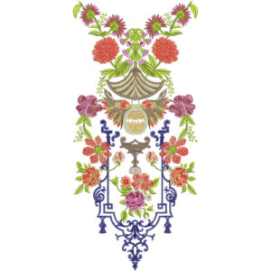 Royal Mughal Style Floral Neckline Embroidery Design with Ornamental Frame and Multicolor Flowers
