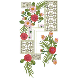Modern Geometric Floral Neckline Embroidery Design with Decorative Panels and Tropical Flower Motifs