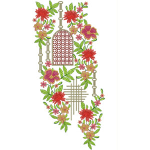 Elegant Floral Arch Neckline Embroidery Design with Geometric Lattice and Multicolor Flower Vines