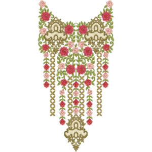 Royal Floral Chandelier Neckline Embroidery Design with Ornamental Gold Pattern and Rose Motifs