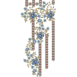Elegant Blue Floral Neckline Embroidery Design with Geometric Ribbon Stripes and Vine Pattern