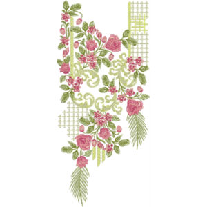 Elegant Pink Floral Vine Neckline Embroidery Design with Soft Geometric Mesh Pattern