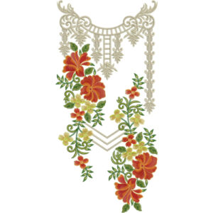 Elegant Floral V-Neckline Embroidery Design with Ornamental Border and Orange Blossom Motifs