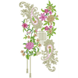 Elegant Paisley Floral Neckline Embroidery Design with Soft Pink Blossoms and Ornamental Detailing