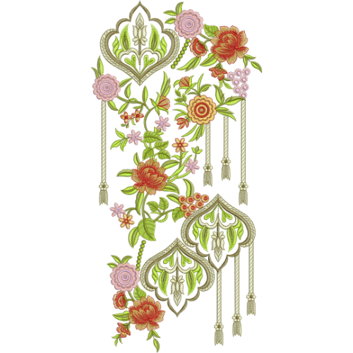 Elegant Floral Motif Neckline Embroidery Design with Ornamental Drops and Multicolor Blossoms