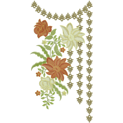 Elegant Floral Corner Neckline Embroidery Design with Decorative Leaf Chain Border