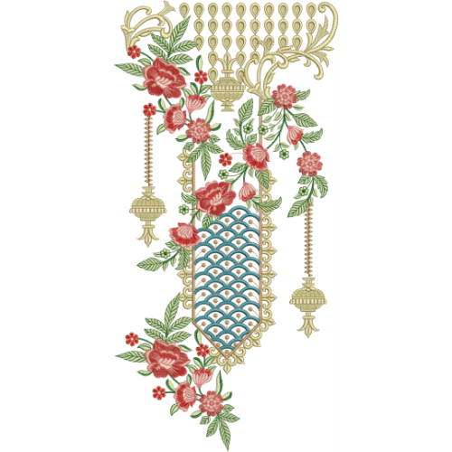 Royal Floral Panel Neckline Embroidery Design with Hanging Lantern Motifs and Ornamental Details