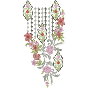 Elegant Floral Drop Neckline Embroidery Design with Ornamental Motifs and Rose Vines