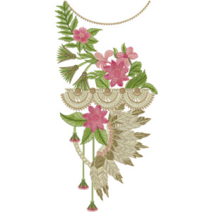 Elegant Floral Festive Neckline Embroidery Design with Decorative Border and Leafy Tassel Detail