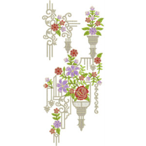 Designer Floral Vase Neckline Embroidery Design with Ornamental Scrollwork and Multicolor Flowers