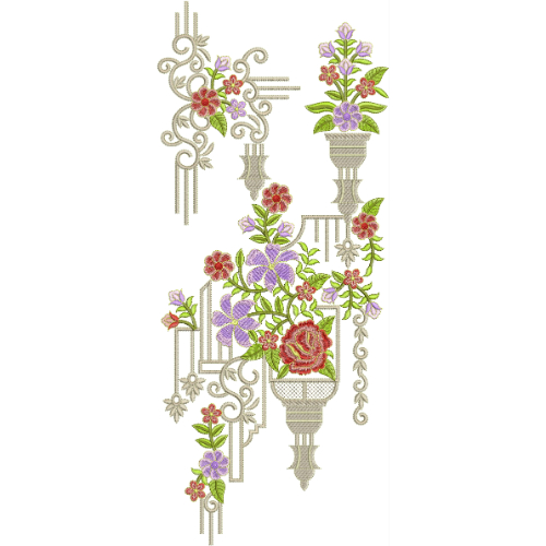 Designer Floral Vase Neckline Embroidery Design with Ornamental Scrollwork and Multicolor Flowers