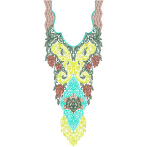 Vibrant Paisley V-Neckline Embroidery Design with Multicolor Ornamental Pattern