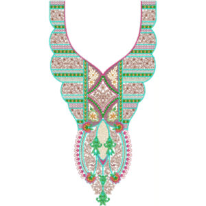 Luxury Ornamental V-Neckline Embroidery Design with Multicolor Geometric and Floral Details