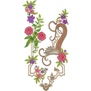 Elegant Paisley Floral Neckline Embroidery Design with Ornamental Frame and Rose Vines