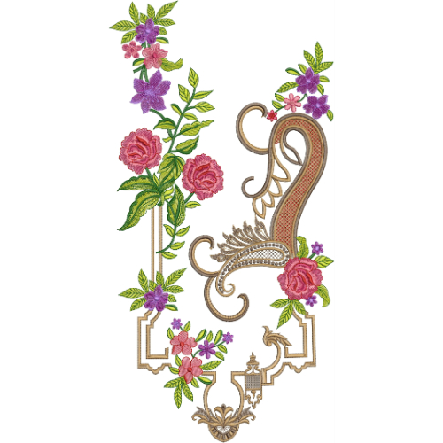 Elegant Paisley Floral Neckline Embroidery Design with Ornamental Frame and Rose Vines