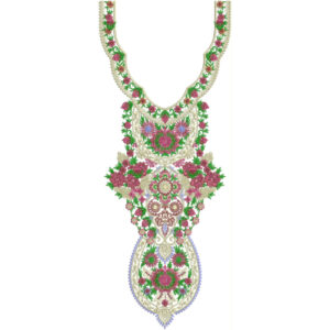 Luxury Floral U-Neckline Embroidery Design with Ornamental Medallion and Rose Motifs