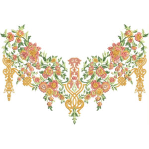 Elegant Floral Boat Neckline Embroidery Design with Ornamental Golden Motifs