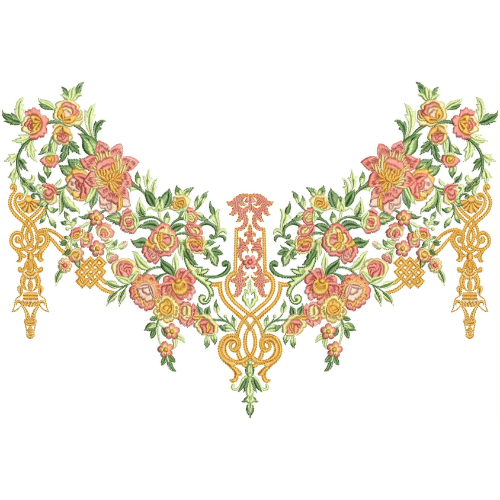 Elegant Floral Boat Neckline Embroidery Design with Ornamental Golden Motifs
