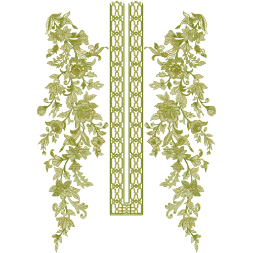 Elegant Monochrome Floral Panel Neckline Embroidery Design with Vintage Vine Pattern