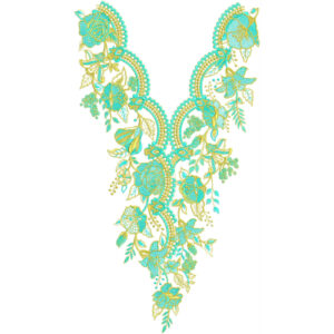Elegant Turquoise Floral V-Neckline Embroidery Design with Delicate Vine Pattern
