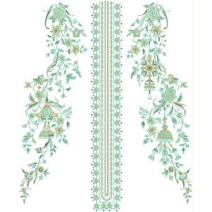 Elegant Pastel Floral Panel Neckline Embroidery Design with Decorative Hanging Motifs