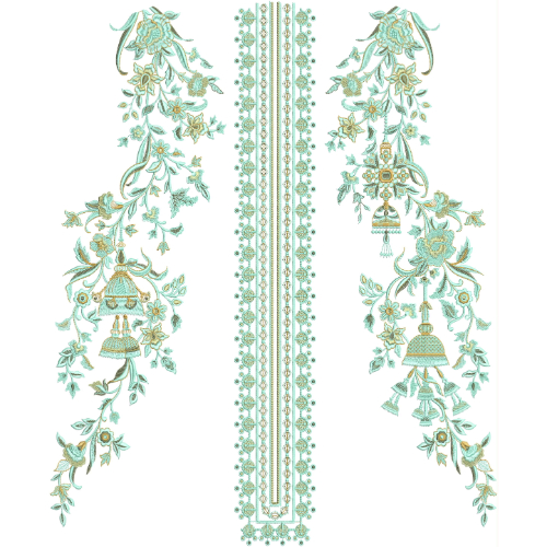 Elegant Pastel Floral Panel Neckline Embroidery Design with Decorative Hanging Motifs