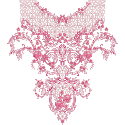 Elegant Pink Monochrome Lace Neckline Embroidery Design with Ornamental Floral Detailing