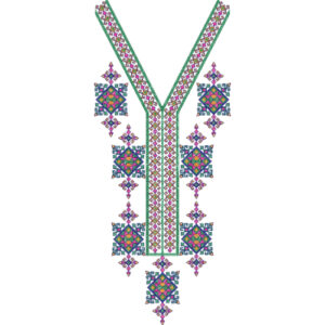 Colorful Ethnic V-Neckline Embroidery Design with Geometric Motifs and Traditional Patterns