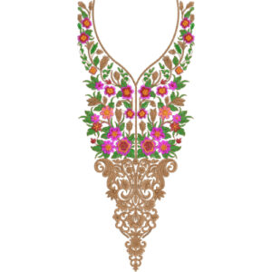 Elegant Floral V-Neckline Embroidery Design with Ornamental Gold Base and Multicolor Blossoms