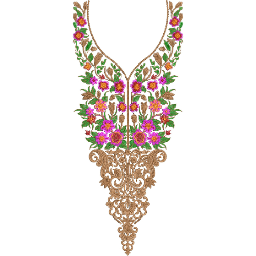 Elegant Floral V-Neckline Embroidery Design with Ornamental Gold Base and Multicolor Blossoms