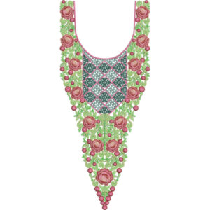 Elegant Rose Floral U-Neckline Embroidery Design with Geometric Lattice Panel