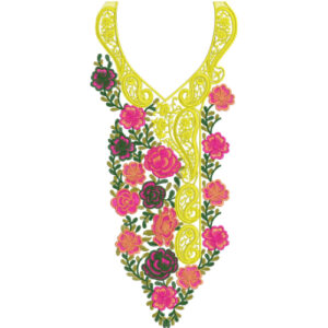 Elegant Yellow Ornamental Floral Neckline Embroidery Design with Pink Rose Motifs