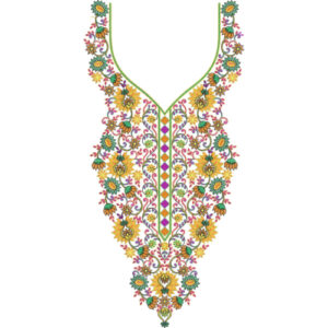 Colorful Floral V-Neckline Embroidery Design with Traditional Vine and Folk Pattern