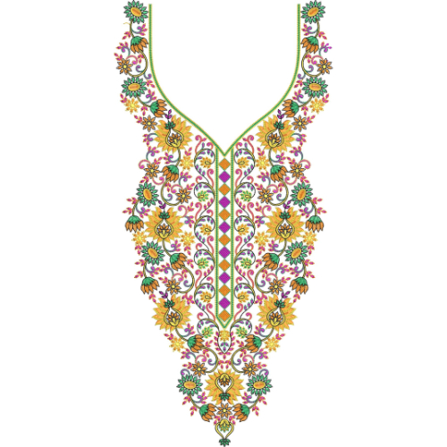 Colorful Floral V-Neckline Embroidery Design with Traditional Vine and Folk Pattern