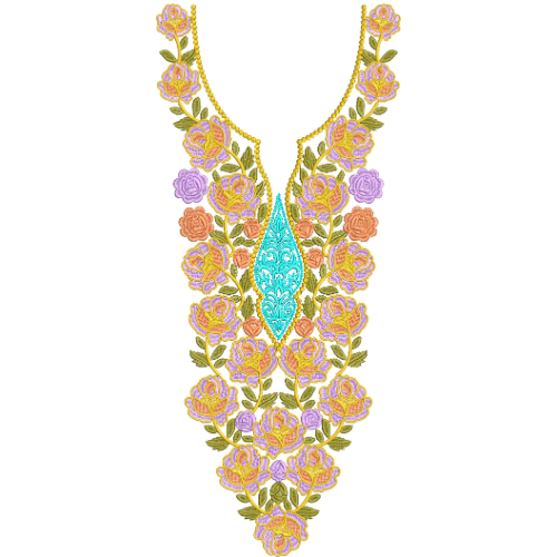 Royal Floral Vine Neckline Embroidery with Central Ornamental Teardrop Motif