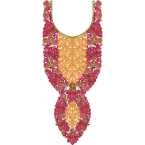 Luxurious Pink Floral U-Neck Embroidery Design with Golden Fill and Ornamental Drop Pattern