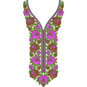 Royal Pink Rose Garden Neckline Embroidery Design with Elegant Symmetrical Floral Vines