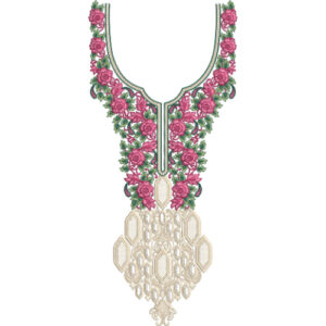 Luxury Rose Vine Neckline Embroidery Design with Elegant Cutwork Lace and Classic U-Shaped Pattern