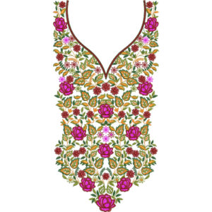 Rich Floral Garden Neckline Embroidery Design with Dense Rose Motifs and Traditional V-Neck Pattern