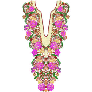 Ornate Royal Floral Neckline Embroidery Design with Pink Roses and Traditional Mughal Pattern