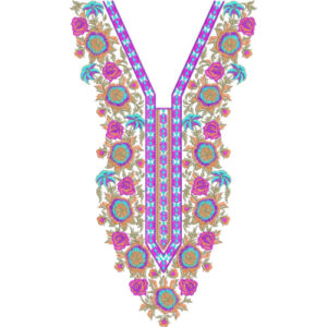 Vibrant Multicolor Floral V-Neck Embroidery Design with Ornamental Border and Ethnic Pattern