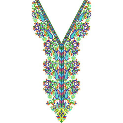 Vibrant Paisley Floral V-Neck Embroidery Design with Multicolor Ethnic Ornament Pattern